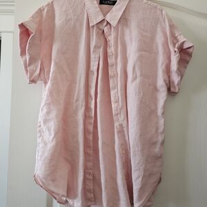 Lauren Ralph Lauren Light Pink Linen Short Sleeve Button-Up Shirt